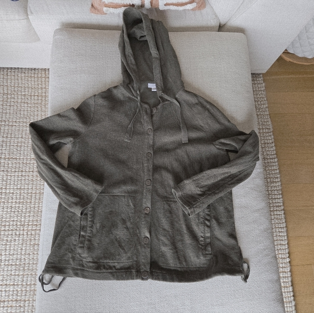 J. Jill Olive Cotton Linen Blend Button Front Hooded Knit Jacket Women M Cottage - Picture 3 of 14